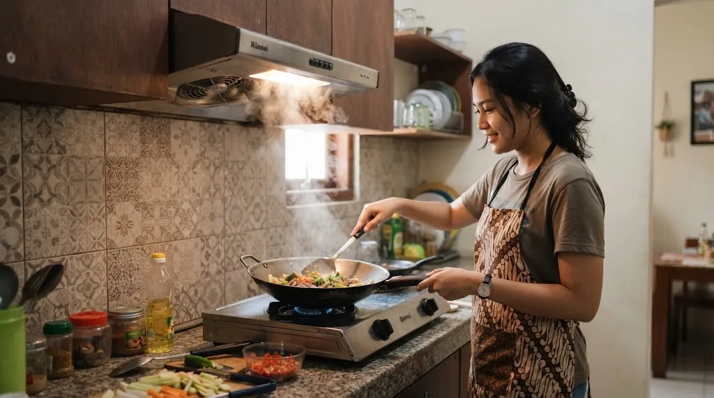 Manfaatkan Cooker Hood atau Exhaust Fan saat Masak. (AI Generated)