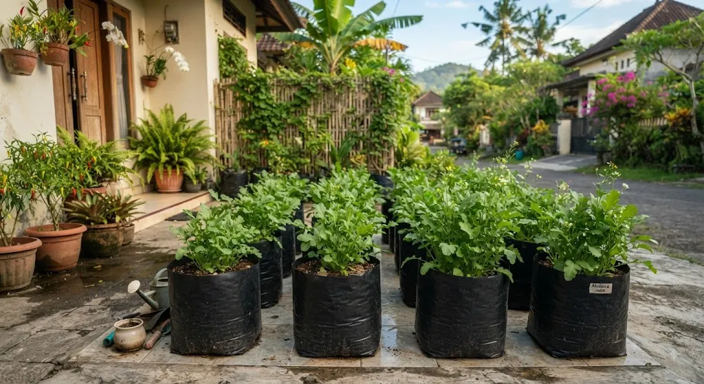 Menanam arugula di polybag (AI generated)