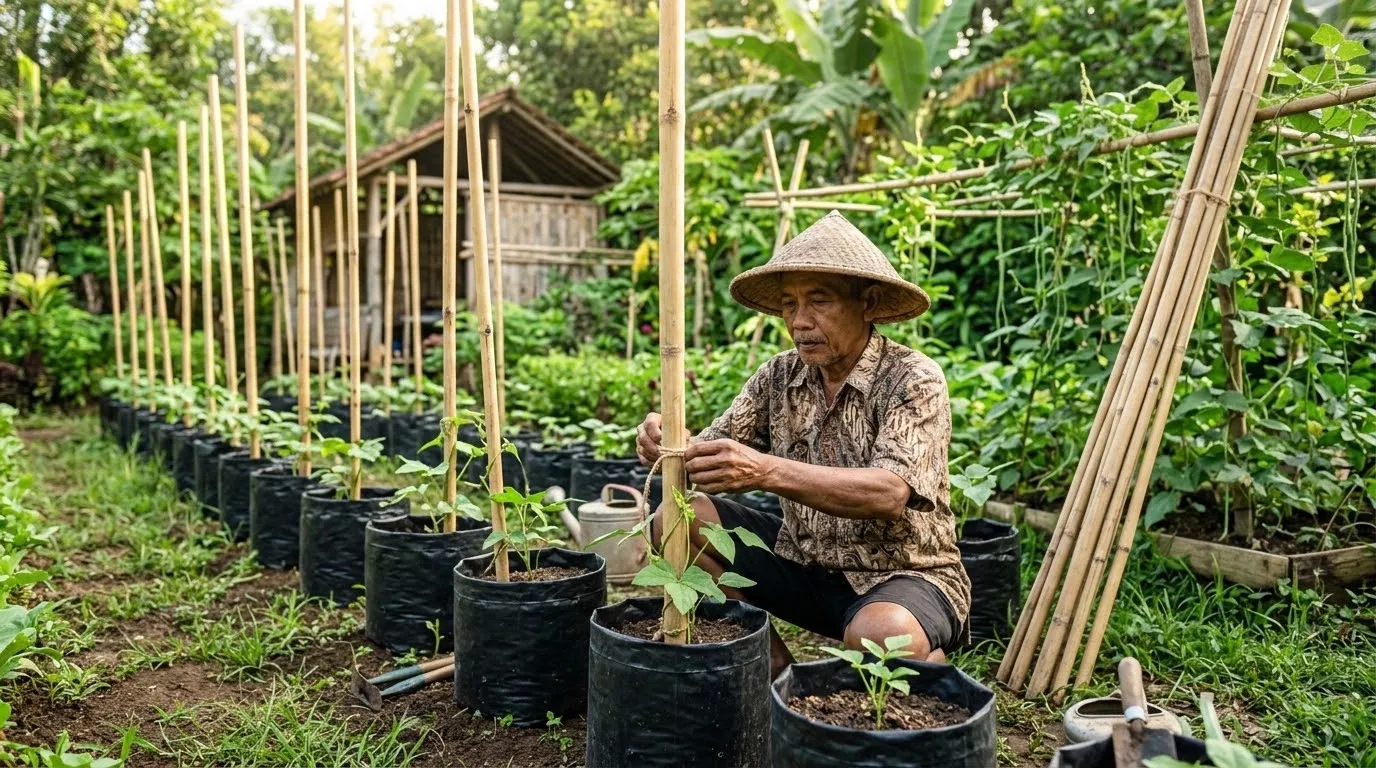 Pemasangan Penyangga Tanaman. (AI Generated)