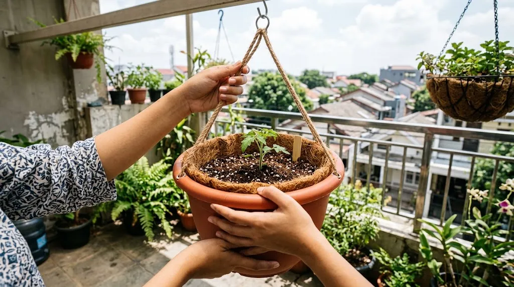 Cara Menanam Tomat Ceri di Pot Gantung (AI Generated)