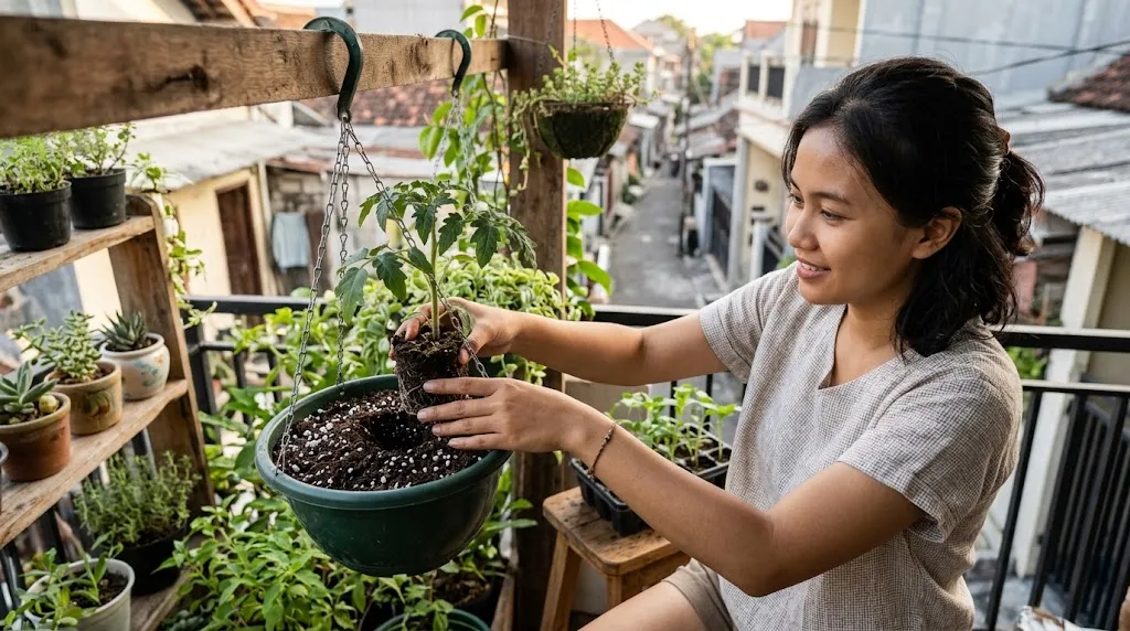 Cara Menanam Tomat Ceri di Pot Gantung (AI Generated)