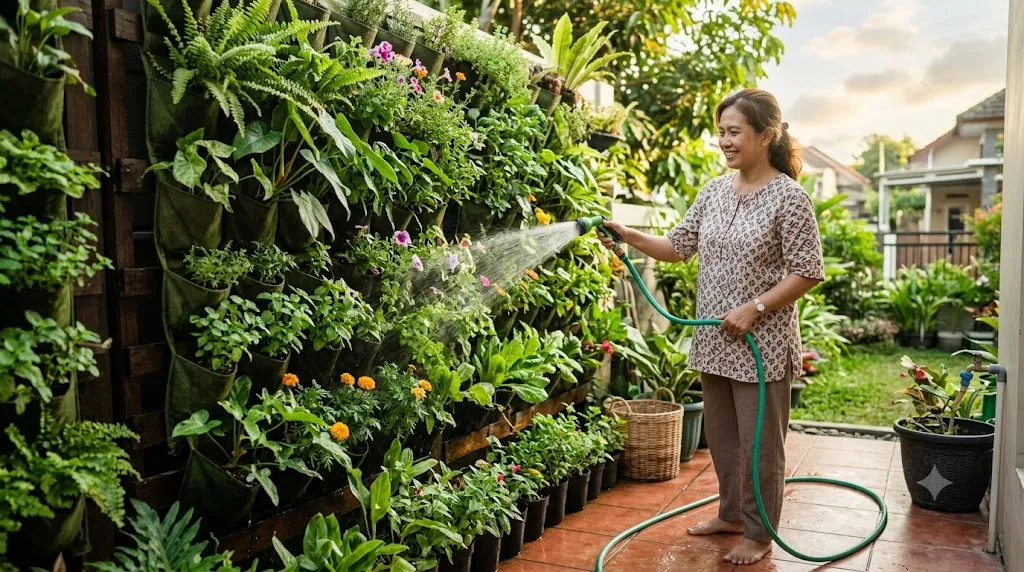 Menyiram Kebun Vertikal. [AI Generated]