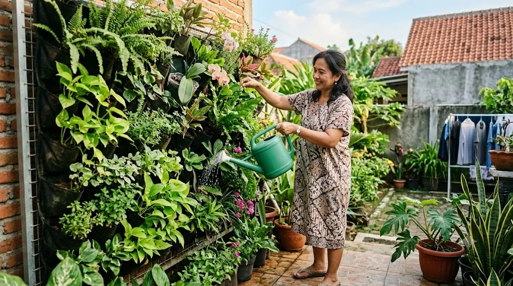 Menyiram Kebun Vertikal. [AI Generated]