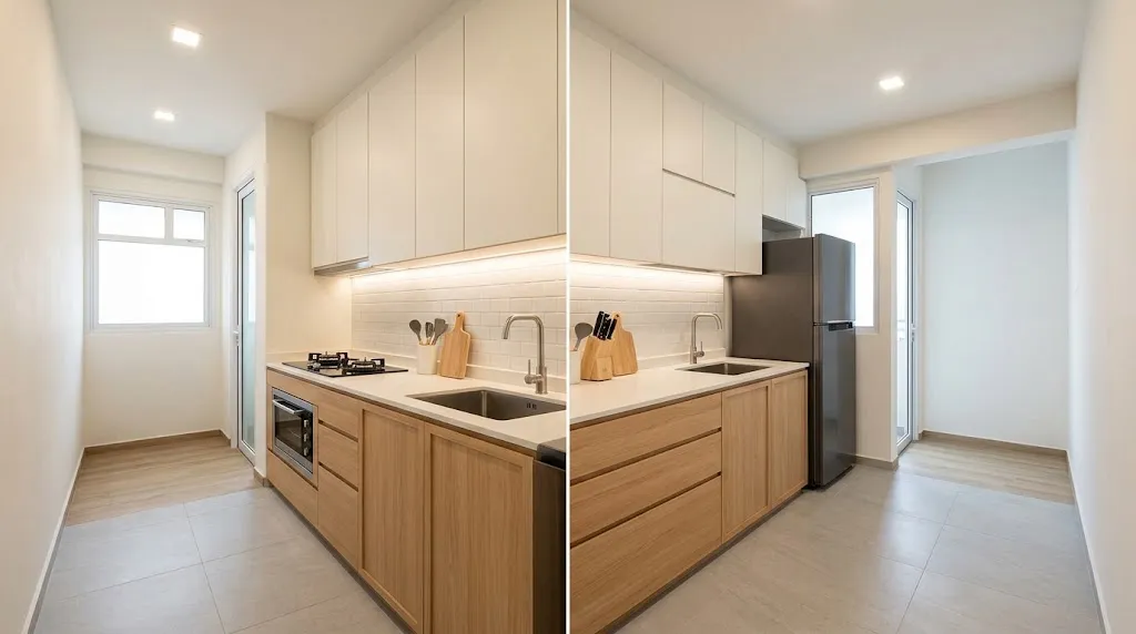 Desain dapur sederhana model dapur satu garis. [AI Generated]