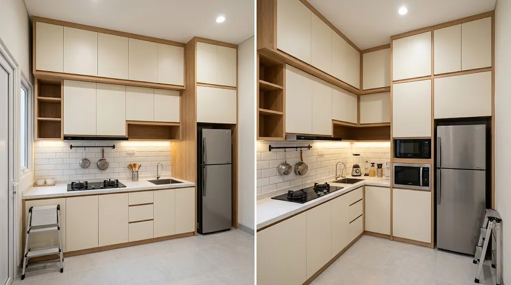 Desain dapur sederhana model dapur dengan kabinet hingga plafon. [AI Generated]