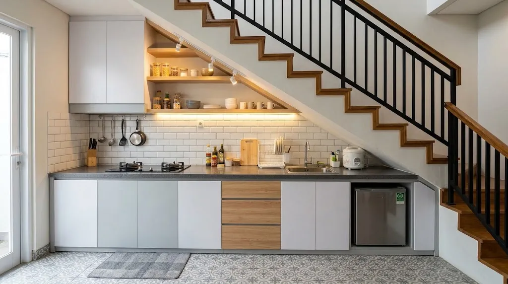 Desain dapur sederhana di bawah tangga. [AI Generated]