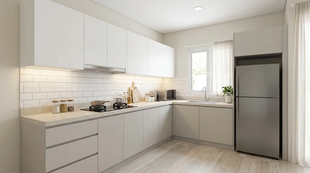 Desain dapur sederhana warna netral. [AI Generated]