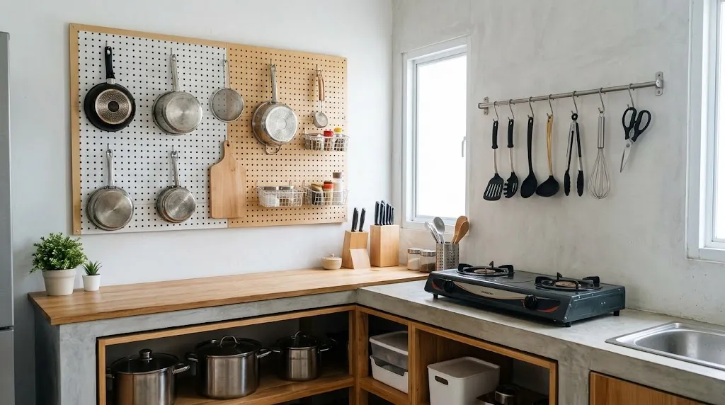 Desain dapur sederhana dengan pegboard atau rel gantung. [AI Generated]