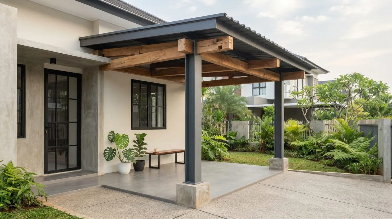 Kanopi Tiang Kayu dan Baja Industrial. Foto: AI Generated