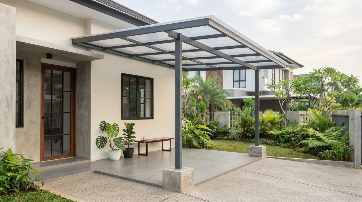 Kanopi Tiang Minimalis Transparan EZ-Lock. Foto: AI Generated