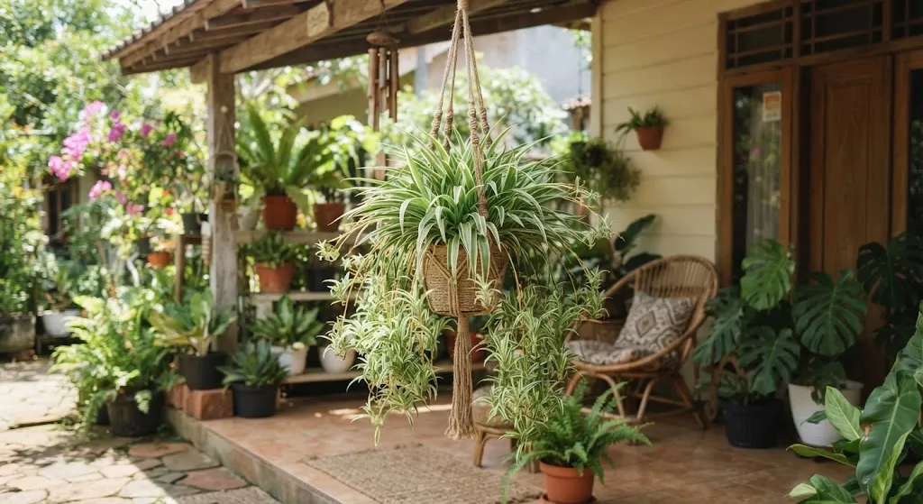 Tanaman gantung yang cocok untuk teras rumah mudah berdebu jenis spider plant (AI generated)