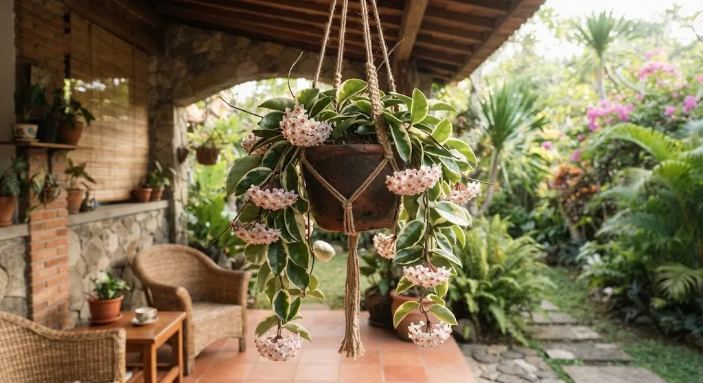 Tanaman gantung yang cocok untuk teras rumah mudah berdebu jenis wax plant (AI generated)