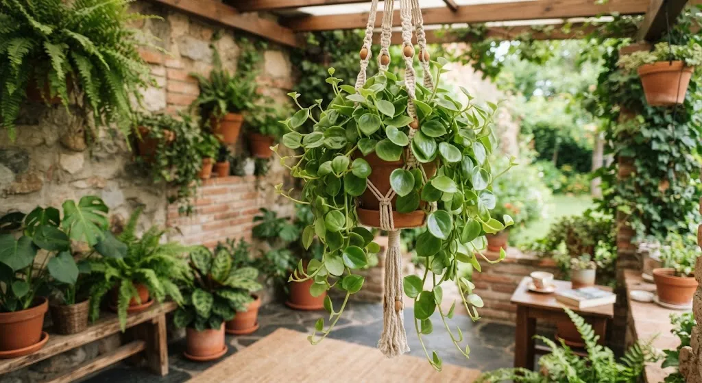 Tanaman gantung yang cocok untuk teras rumah mudah berdebu jenis peperomia scandens (AI generated)
