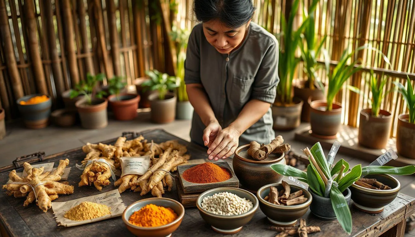 Menyiapkan berbagai tanaman herbal(c) Ilustrasi AI