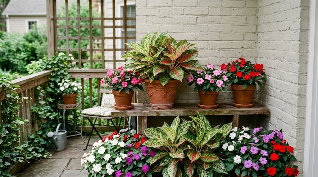 Aglaonema dan Bunga Impatiens (Foto: AI Generated)