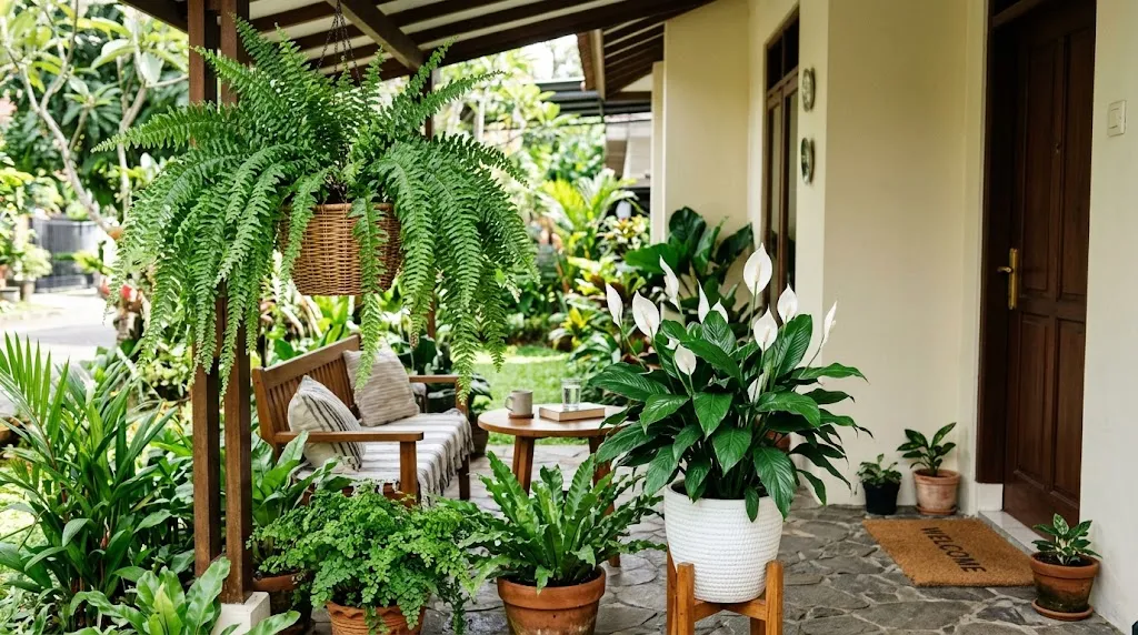 Paku-pakuan dan Bunga Peace Lily (Foto: AI Generated)