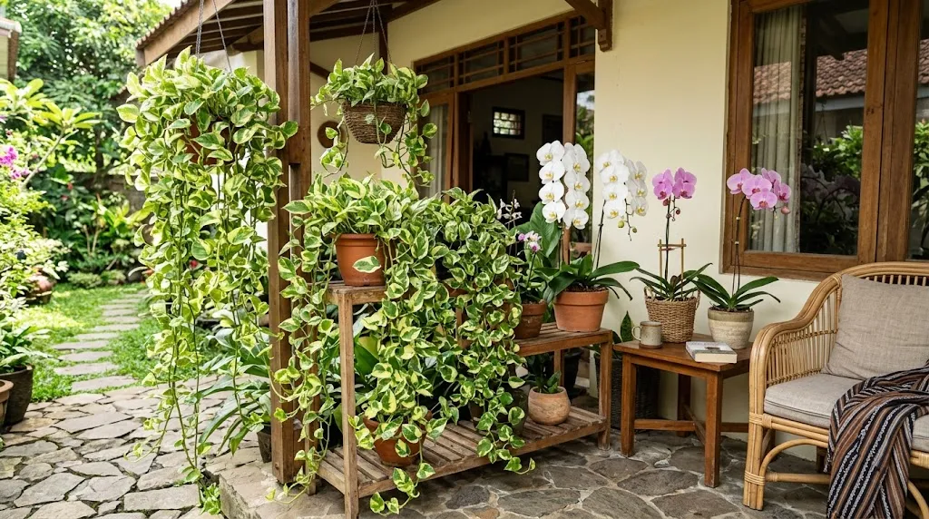 Sirih Gading Variegata dan Bunga Anggrek (Foto: AI Generated)