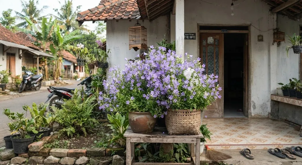 Tanaman dengan bunga berbentuk seperti lonceng dan cocok sebagai tanaman hias model campanula (AI generated)