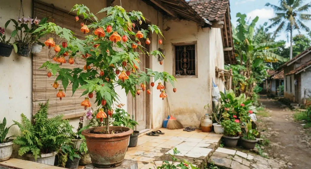 Tanaman dengan bunga berbentuk seperti lonceng dan cocok sebagai tanaman hias model abutilon (AI generated)