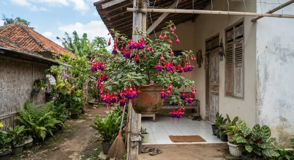 Tanaman dengan bunga berbentuk seperti lonceng dan cocok sebagai tanaman hias model fuchsia (AI generated)
