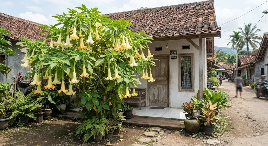 Tanaman dengan bunga berbentuk seperti lonceng dan cocok sebagai tanaman hias model brugmansia (AI generated)