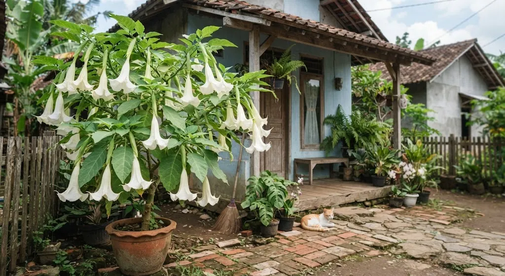 Tanaman dengan bunga berbentuk seperti lonceng dan cocok sebagai tanaman hias model datura (AI generated)
