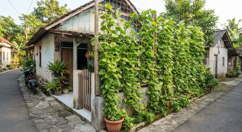 Tanaman Rambat dengan Daun Lebat untuk Membuat Privasi (AI generated)