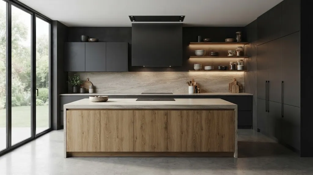 Warna Dapur Charcoal Gelap dengan Undertone Hangat. (AI Generated)
