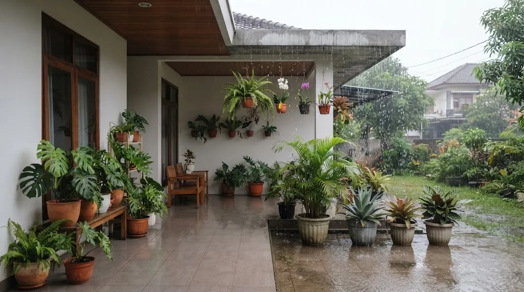 Atur Pot Berdasarkan Paparan Hujan. (AI Generated)