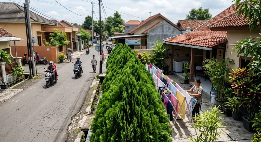 Tanaman cemara kipas untuk membuat area jemur tidak terlihat dari jalan. [AI Generated]