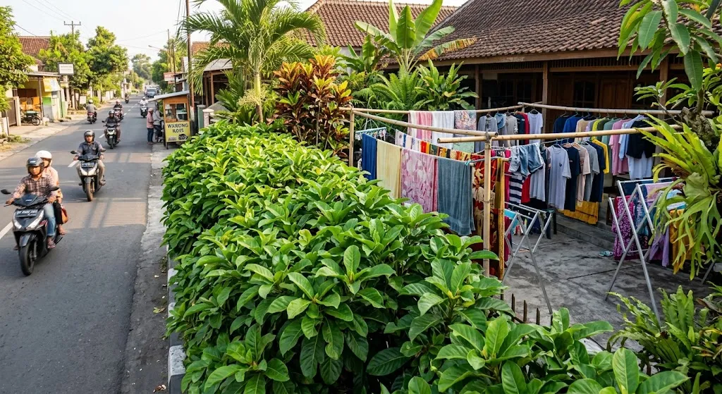 Tanaman tanjung untuk membuat area jemur tidak terlihat dari jalan. [AI Generated]