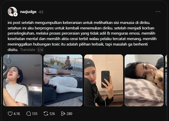 Curhatan Naz Judge jadi korban perselingkuhan (threads.com/nazjduge)
