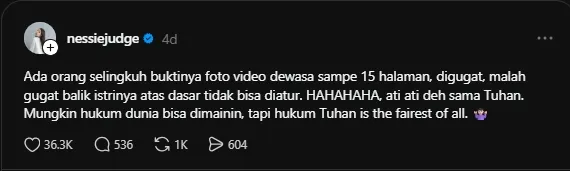 Postingan Nessie Judge tentang perselingkuhan yang dialami adiknya (threads.com/nessiejudge)