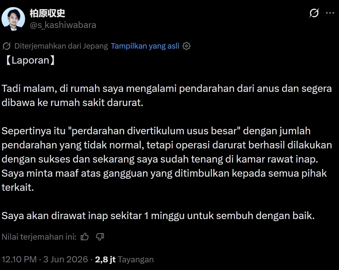 Aktor Shuji Kashiwabara Jalani Operasi Darurat (credit: x.com/@s_kashiwabara)