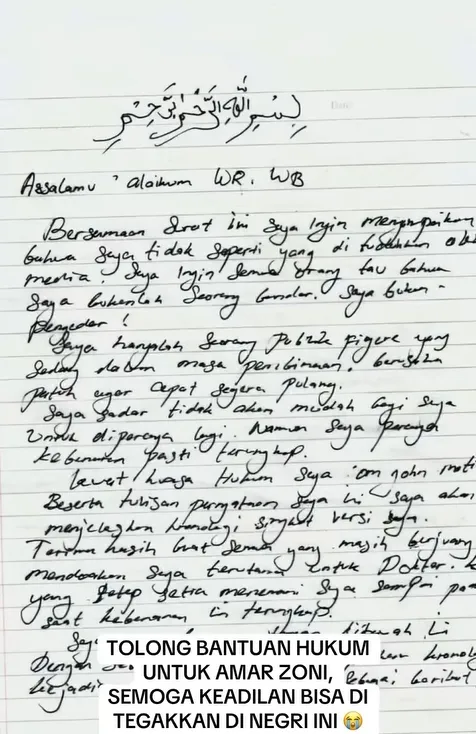 Surat dari Ammar Zoni © instagram.com/derrysulaiman