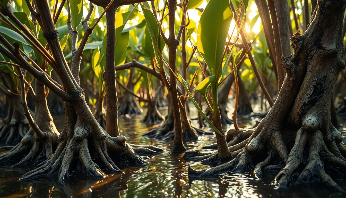Adaptasi Khusus Mangrove Terhadap Lingkungan Ekstrem (c) Ilustrasi AI