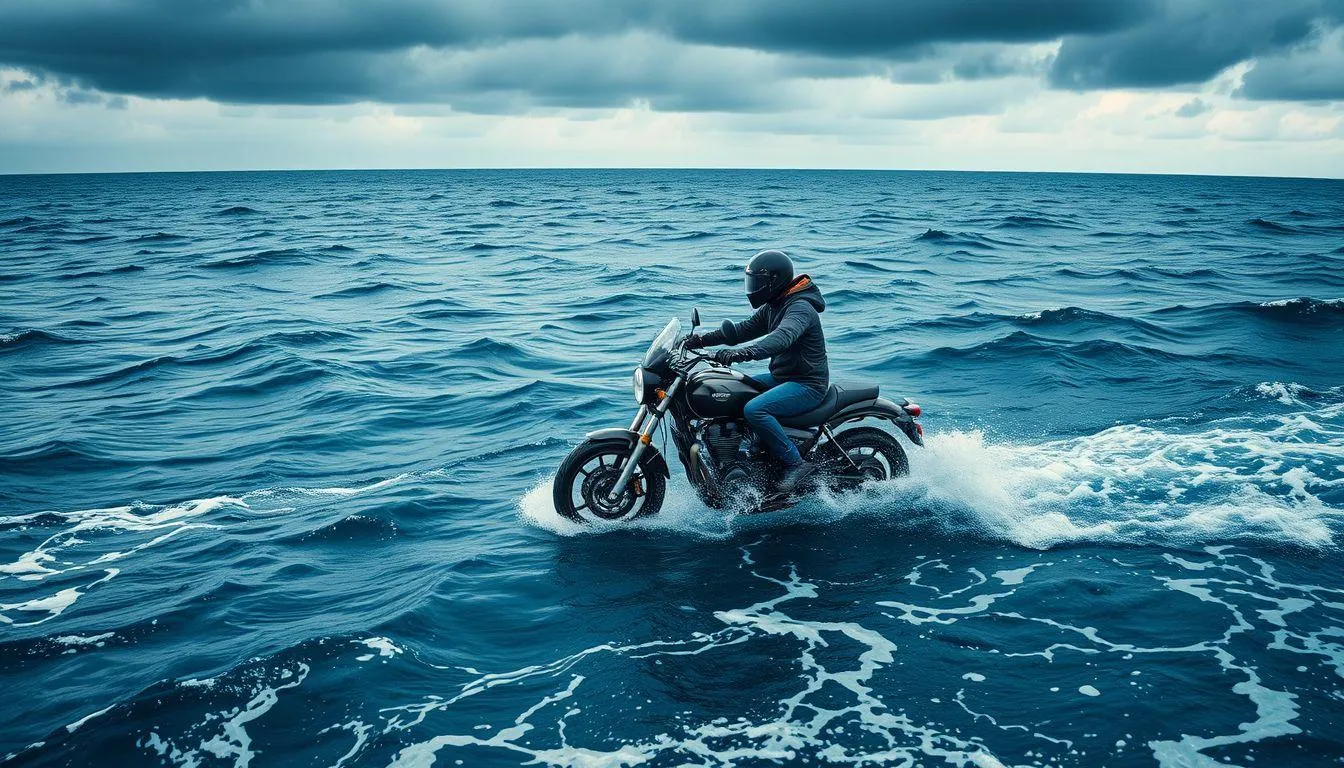 Pengertian dan Makna Dasar Mimpi Naik Motor di Laut (c) Ilustrasi AI