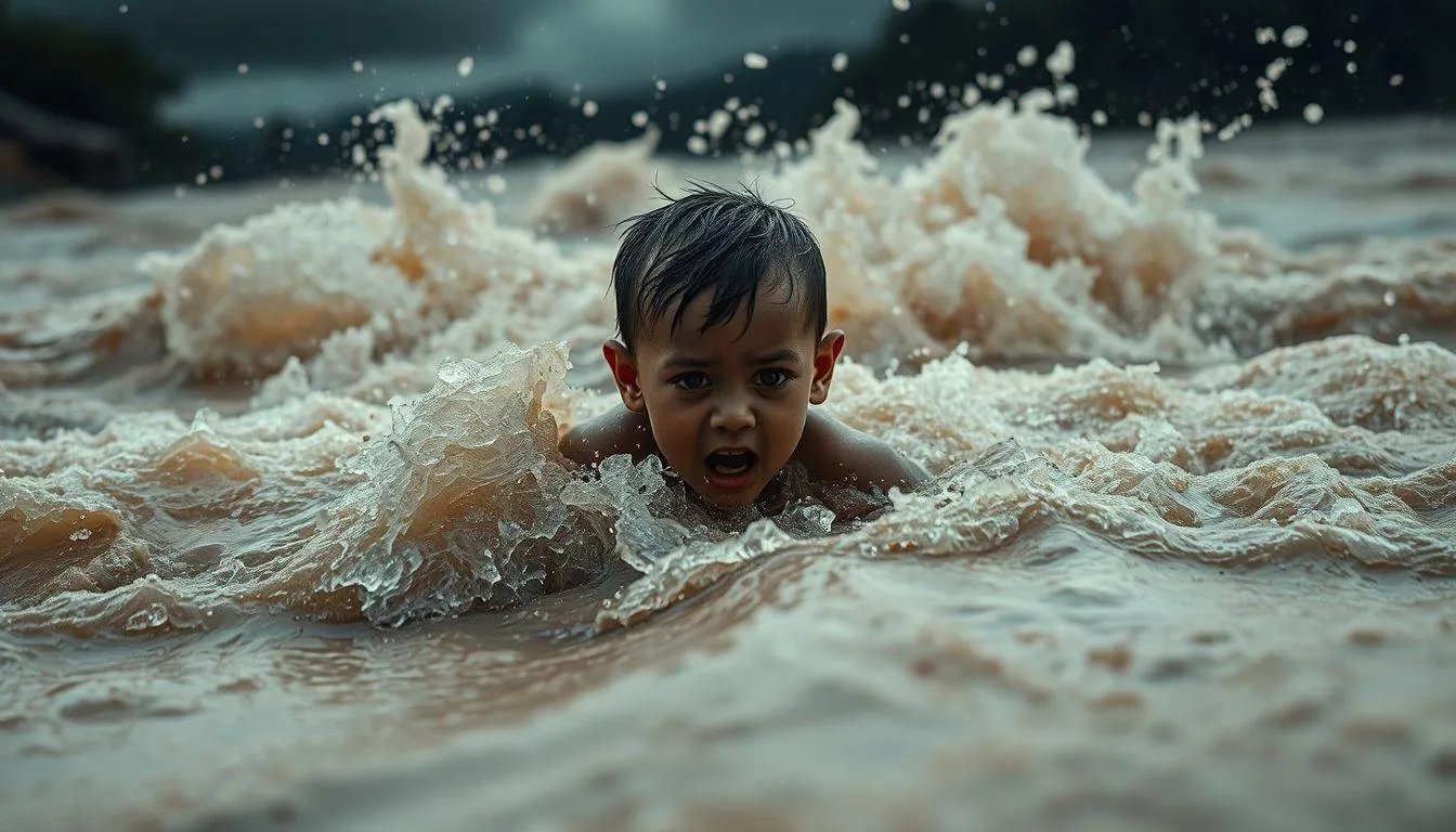 Pengertian dan Karakteristik Mimpi Anak Hanyut Terbawa Arus Banjir (c) Ilustrasi AI