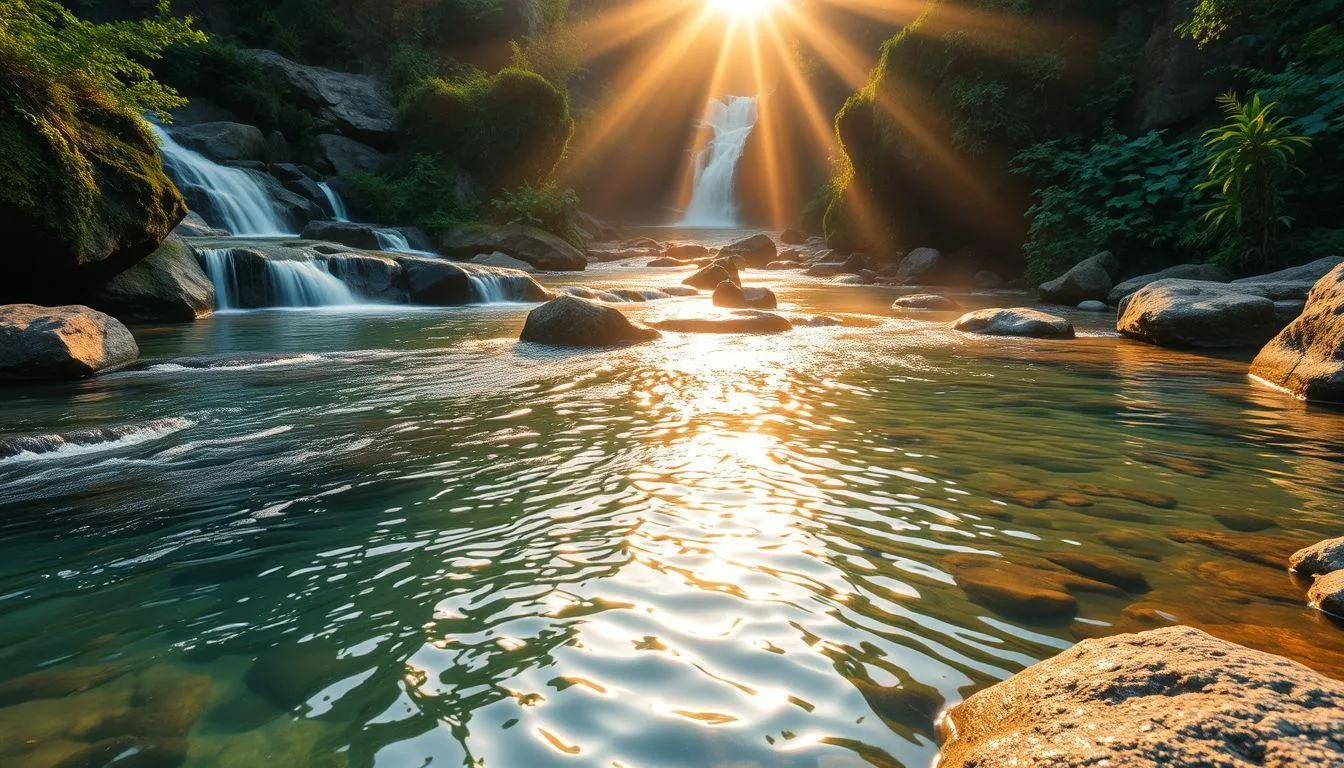 Suasana sungai dengan air terjun (c) Ilustrasi AI