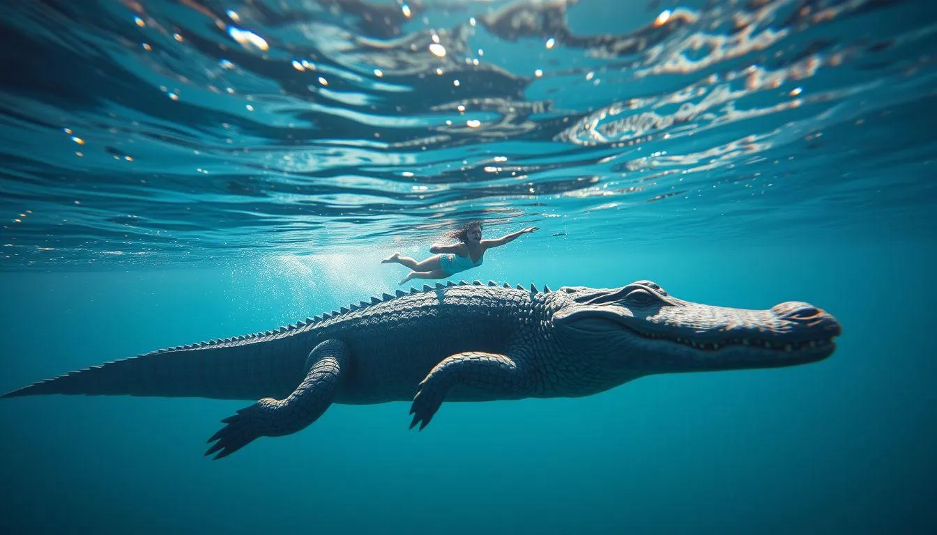 Pengertian dan Simbolisme Mimpi Berenang Bersama Buaya (c) Ilustrasi AI