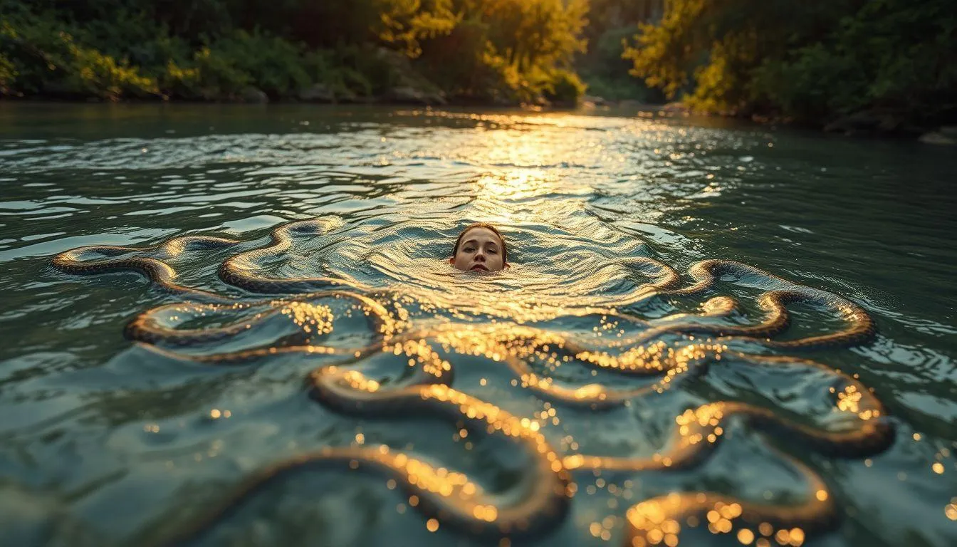 Pengertian dan Makna Dasar Mimpi Berenang di Sungai Banyak Ular (c) Ilustrasi AI