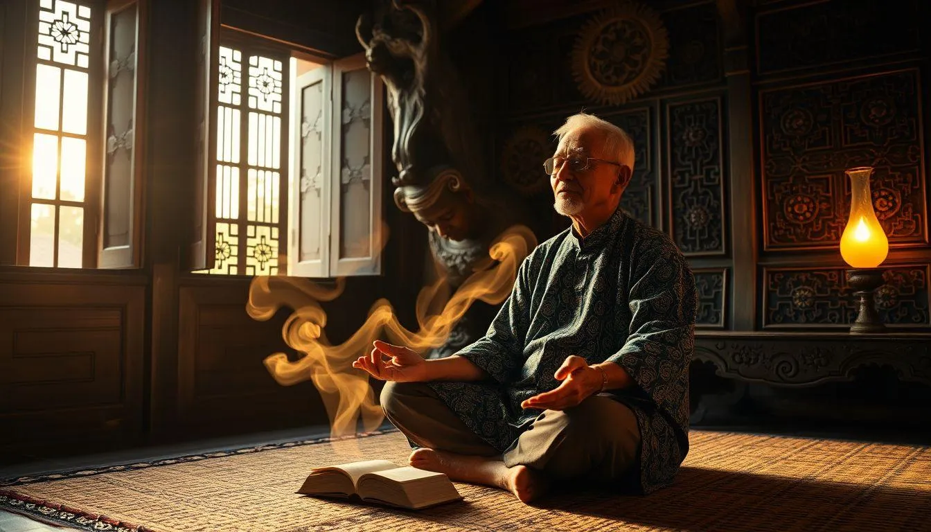 Seorang pria meditasi c) Ilustrasi AI