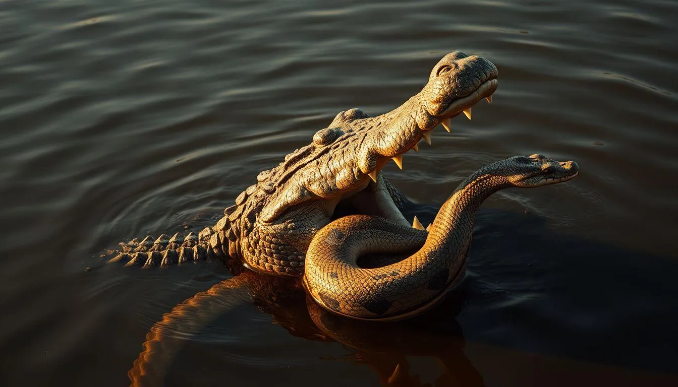 Pengertian dan Makna Dasar Mimpi Buaya Makan Ular (c) Ilustrasi AI