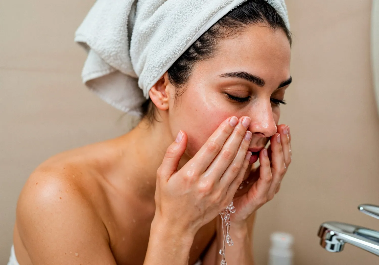 Seorang wanita membasuh muka (credit: Unsplash)