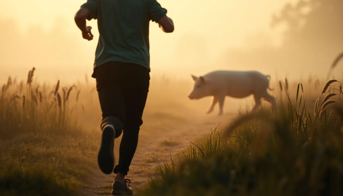 Potret seseorang berlari dan ada babi (c) Ilustrasi AI
