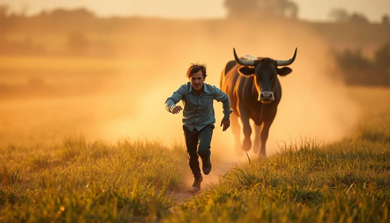 Seorang pria dikejar sapi (c) Ilustrasi AI