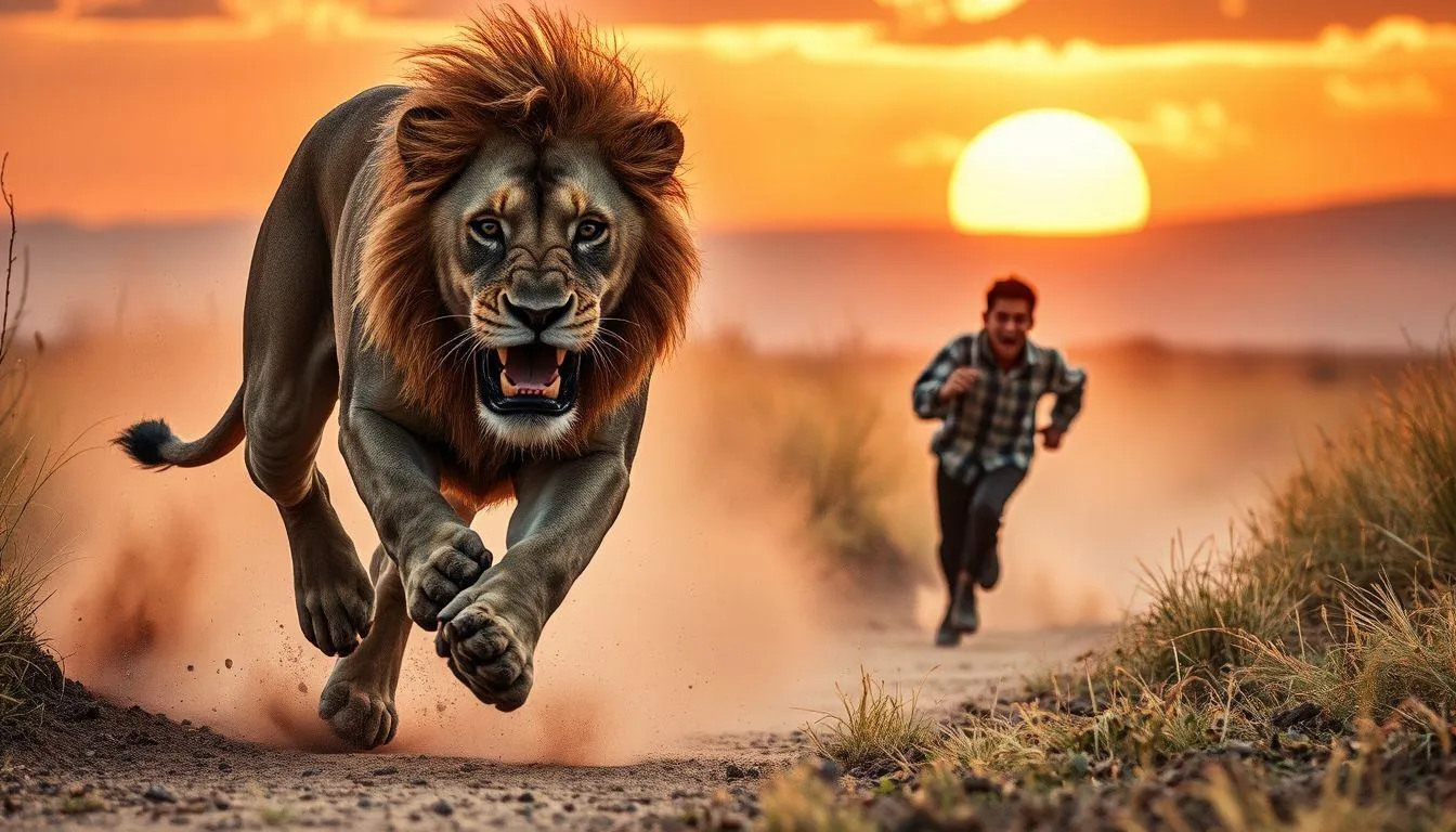 Seorang pria mengejar singa (c) Ilustrasi AI