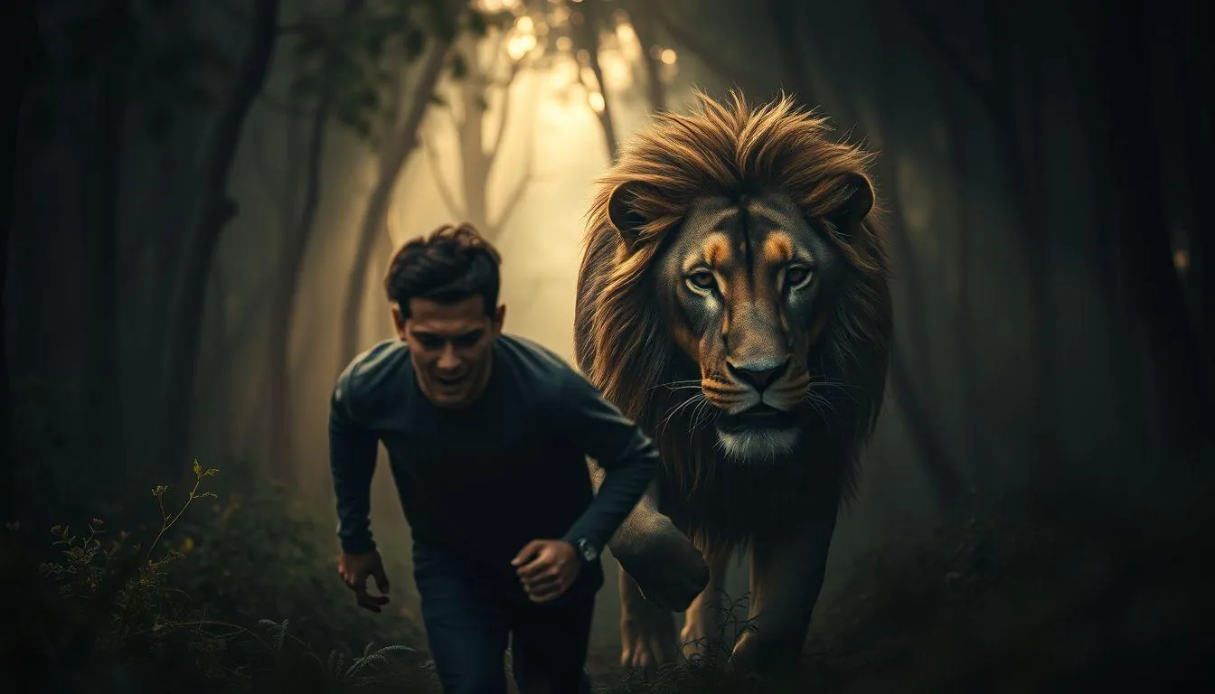 Seorang pria berlari dari singa besar (c) Ilustrasi AI