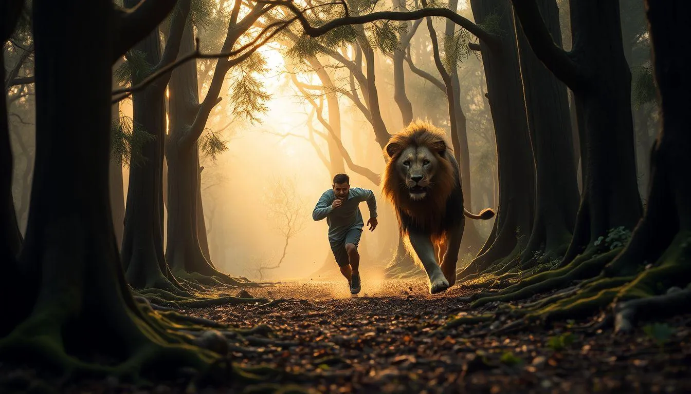 Pria berlari dikejar singa (c) Ilustrasi AI