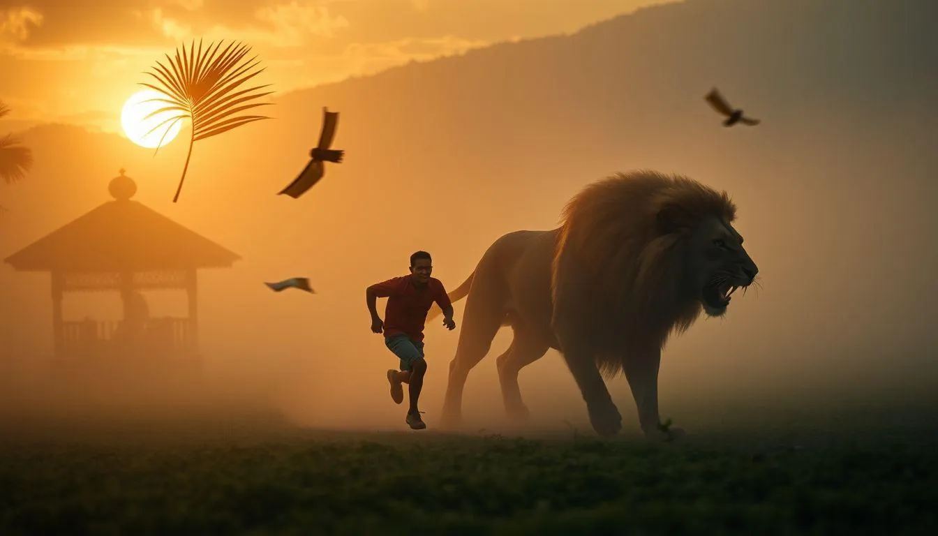 Singa besar dan seorang pria (c) Ilustrasi AI